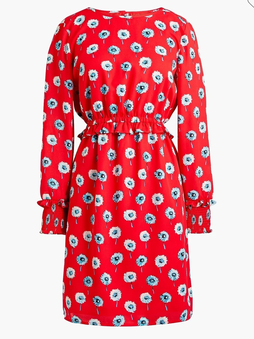 Red Floral Long-Sleeve Waisted Dress
